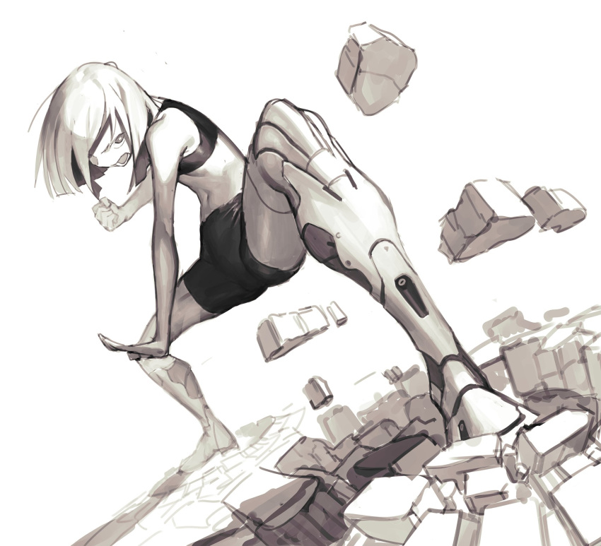 1girl bare_arms bare_shoulders bike_shorts clenched_hand dutch_angle highres legs_apart monochrome navel open_mouth original outstretched_arm robot_joints short_hair simple_background solo standing white_background