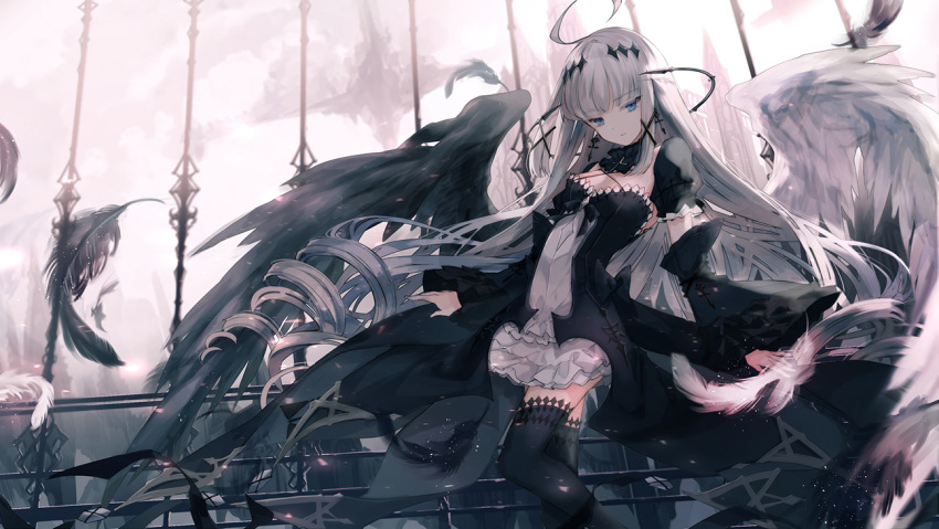 1girl ahoge bangs black_dress black_legwear blue_eyes cierra_(ra-bit) closed_mouth commentary_request contrapposto dress feathers latin_cross long_hair looking_at_viewer original solo standing thigh-highs white_dress wings