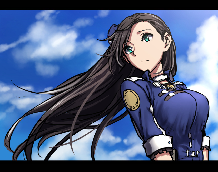 1girl azur_lane blue_eyes blue_hat blue_jacket blue_sky breasts brown_hair character_request closed_mouth clouds cloudy_sky floating_hair hat jacket large_breasts letterboxed long_hair mini_hat sblack short_sleeves sky solo upper_body