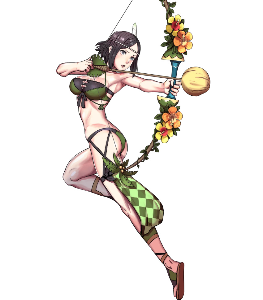 1girl armpits arrow ass bare_shoulders bikini black_hair bow_(weapon) breasts cleavage feathers fire_emblem fire_emblem:_kakusei fire_emblem_heroes flower full_body hair_ornament highres holding holding_bow_(weapon) holding_weapon large_breasts noire_(fire_emblem) official_art one_leg_raised open_mouth shiny shiny_skin short_hair sidelocks solo swimsuit thighs transparent_background twisted_torso weapon