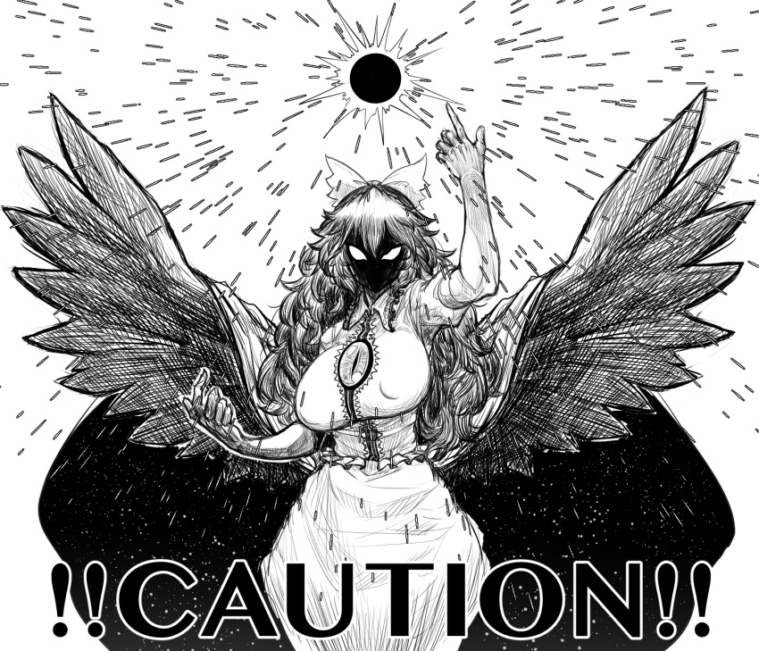 !! 1girl arm_up bare_arms bird_wings blank_eyes bow breasts cape caution collared_shirt cowboy_shot energy erect_nipples exabyte_(parallax05) faceless frilled_shirt frills greyscale hair_between_eyes hair_bow hand_up highres impossible_clothes impossible_shirt index_finger_raised large_breasts long_hair looking_at_viewer monochrome reiuji_utsuho shirt short_sleeves skirt slit_pupils solo spread_wings starry_sky_print third_eye touhou v-shaped_eyes wings
