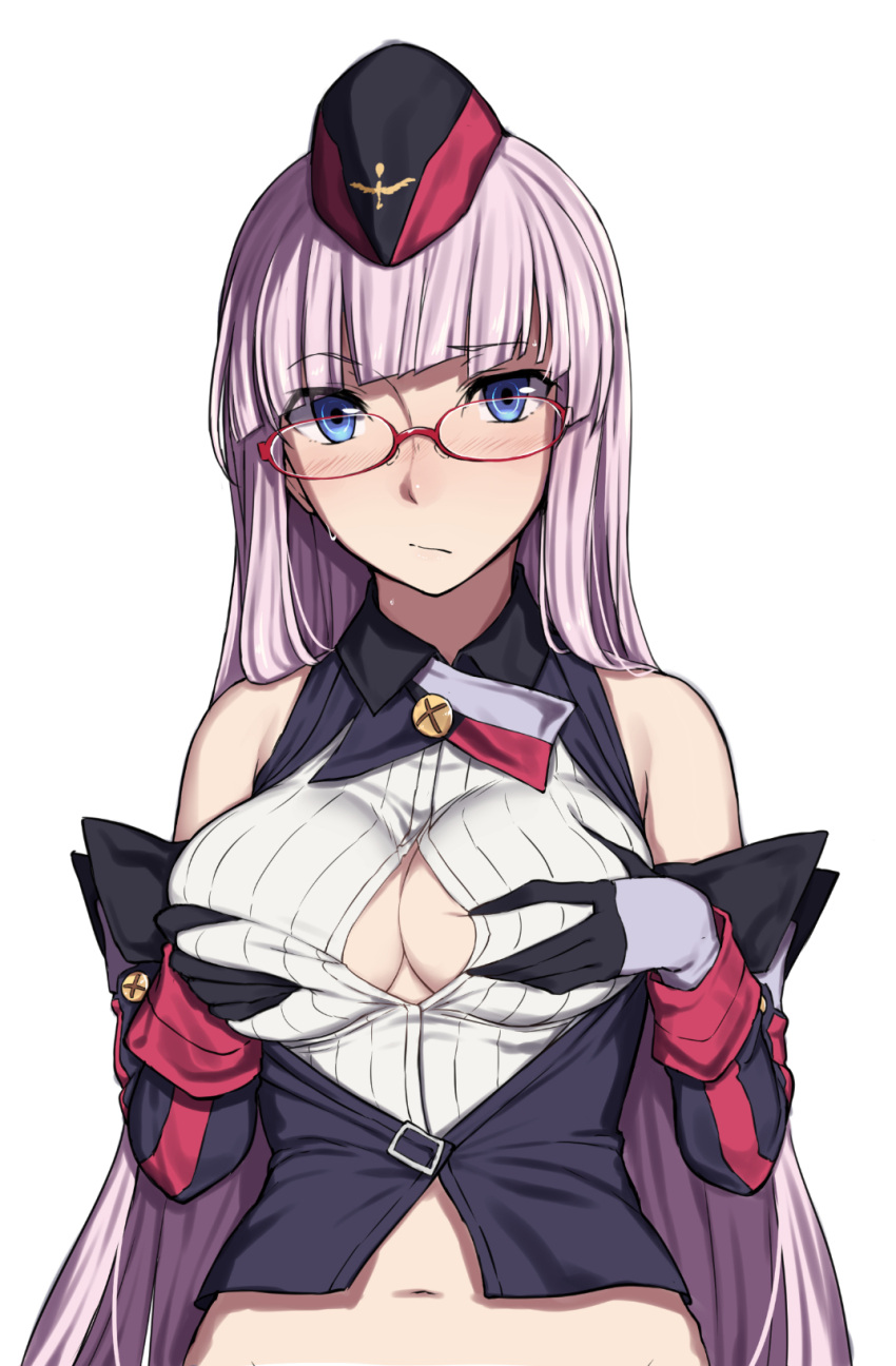 1girl :/ azur_lane bangs bare_shoulders blue_eyes blunt_bangs blush breasts closed_mouth elbow_gloves embarrassed glasses gloves hat highres large_breasts long_hair navel pink_hair red-framed_eyewear sblack simple_background solo sweat upper_body white_background