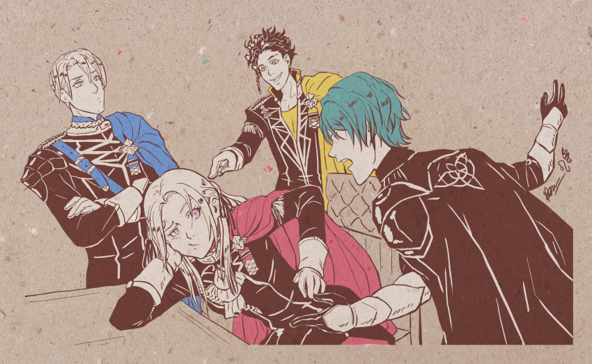 1girl 3boys annoyed arm_rest black_gloves blue_cape blue_eyes braid byleth_(fire_emblem) byleth_eisner_(male) byleth_eisner_(male) cape claude_von_regan_(fire_emblem) claude_von_riegan crossed_arms dimitri_alexandre_bladud dimitri_alexandre_bladud_(fire_emblem) edelgard_von_hresvelg edelgard_von_hresvelgr_(fire_emblem) fire_emblem fire_emblem:_three_houses gloves green_cape green_eyes highres intelligent_systems long_hair looking_at_another male_my_unit_(fire_emblem:_three_houses) meibatsu multiple_boys my_unit_(fire_emblem:_three_houses) nintendo on_table pink_cape pink_eyes pointing pout signature simple_background single_braid spot_color table tan_background uniform violet_eyes white_gloves yellow_cape