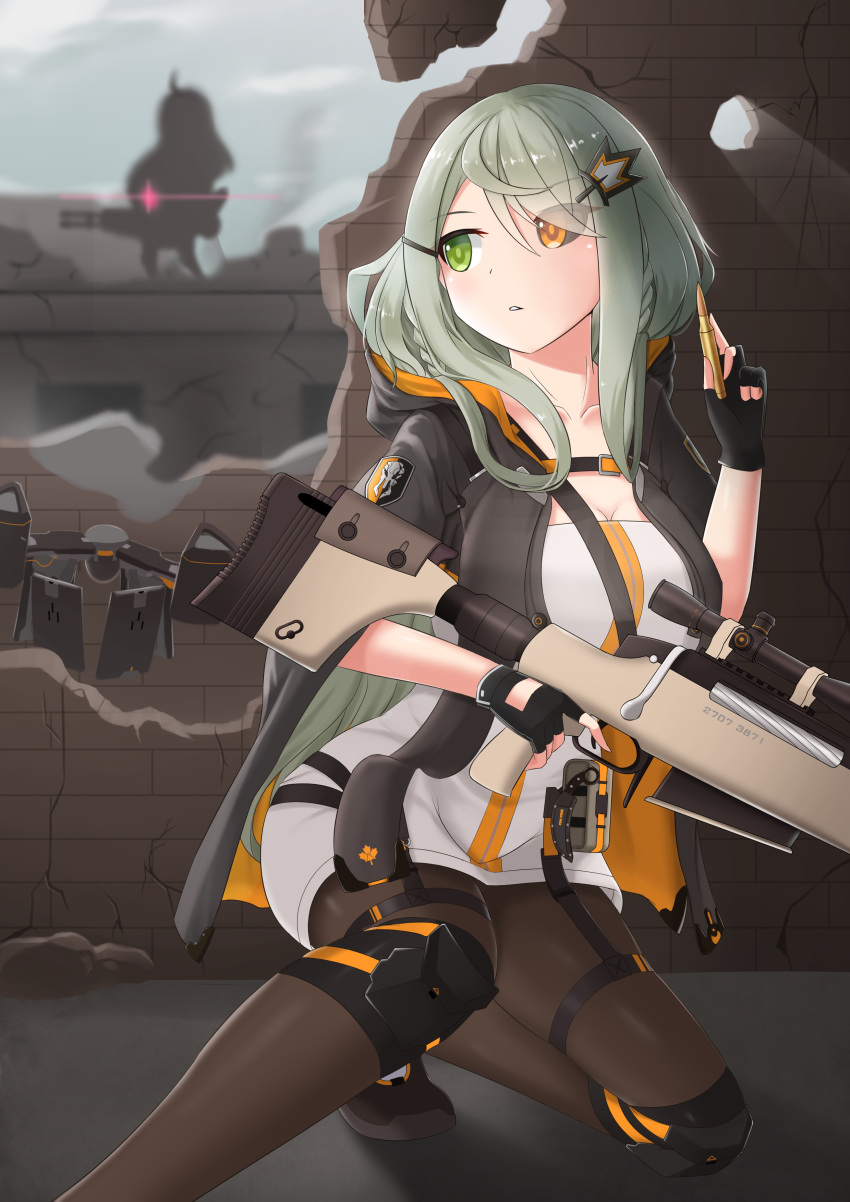 2girls absurdres black_clothes black_footwear black_gloves bolt_action breasts building cartridge cleavage collarbone commentary denkouseka_akaiken drone english_commentary eyebrows_visible_through_hair eyes_visible_through_hair fingerless_gloves girls_frontline gloves glowing green_eyes gun hair_ornament hand_up heterochromia hiding highres holding_object hood hoodie jacket knee_pads large_breasts leaf logo maple_leaf multiple_girls pantyhose rifle sangvis_ferri_android_(girls_frontline) scope shirt shoes short_sleeves silhouette sneakers sniper_rifle solo tac-50 tac-50_(girls_frontline) thigh_strap thighs weapon white_shirt yellow_eyes