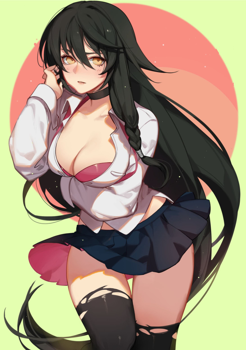 1girl absurdres black_hair black_legwear black_skirt blush bra braid breasts choker cleavage collarbone cowboy_shot dress_shirt floating_hair hair_between_eyes hand_in_hair highres large_breasts long_hair miniskirt open_clothes open_shirt parted_lips pleated_skirt red_bra shirt skirt solo songjikyo standing tales_of_(series) tales_of_berseria thigh-highs torn_clothes torn_thighhighs underwear velvet_crowe very_long_hair white_shirt yellow_eyes