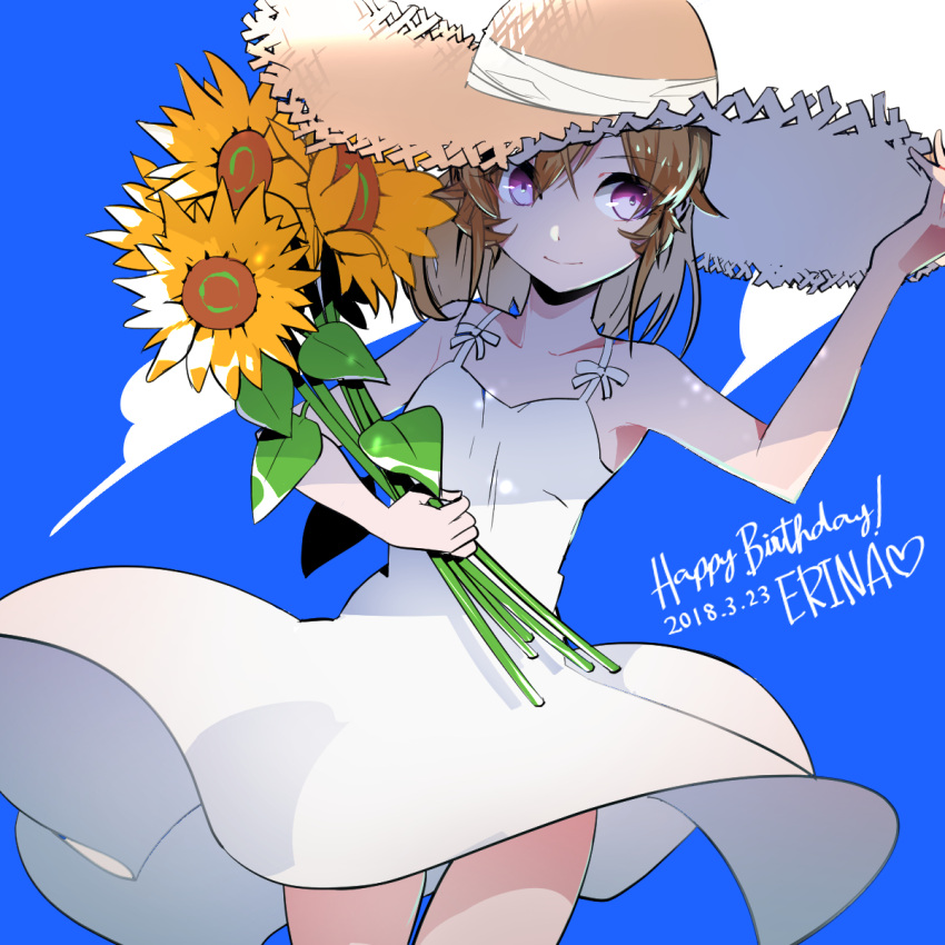 1girl 2018 bangs bare_arms bare_shoulders blonde_hair blue_background brown_hat closed_mouth cowboy_shot dated dress eyebrows_visible_through_hair eyes_visible_through_hair flower hair_between_eyes happy_birthday hat heart highres holding holding_flower leaf medium_hair nakiri_erina pink_eyes shokugeki_no_souma smile solo straw_hat uiui_(hage04195) white_dress yellow_flower