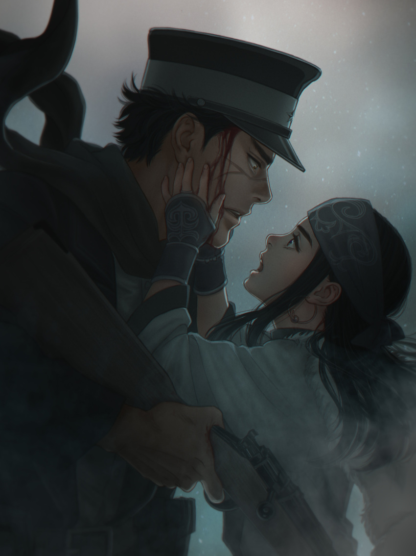 1boy 1girl absurdres ainu ainu_clothes asirpa bandanna belt black_hair bleeding blood blood_on_face blue_eyes brown_eyes coat earrings face-to-face facial_scar fingerless_gloves gloves golden_kamuy gun hat highres hoop_earrings jewelry long_hair looking_at_another military_hat mprichin night open_mouth profile rifle scar scarf short_hair snowing sugimoto_saichi upper_body weapon