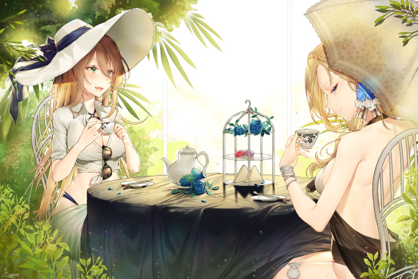 2girls alternate_costume azur_lane bangle bangs bare_shoulders bikini blonde_hair blue_flower blue_rose bracelet breasts brown_hair bush cleavage closed_mouth collared_shirt cup day eyebrows_visible_through_hair flower girls_frontline greenhouse hair_flower hair_ornament hair_up half-closed_eyes hat highleg highleg_bikini highres holding holding_cup hood_(azur_lane) ia_(ias1010) indoors jewelry light_particles long_hair looking_at_another looking_at_viewer m1903_springfield_(girls_frontline) multiple_girls o-ring_top open_mouth rose saucer shirt shoulder_blades sidelocks sitting skindentation sleeves_rolled_up smile spoon sun_hat sunlight sweat swimsuit teacup teapot umbrella very_long_hair water_drop white_shirt