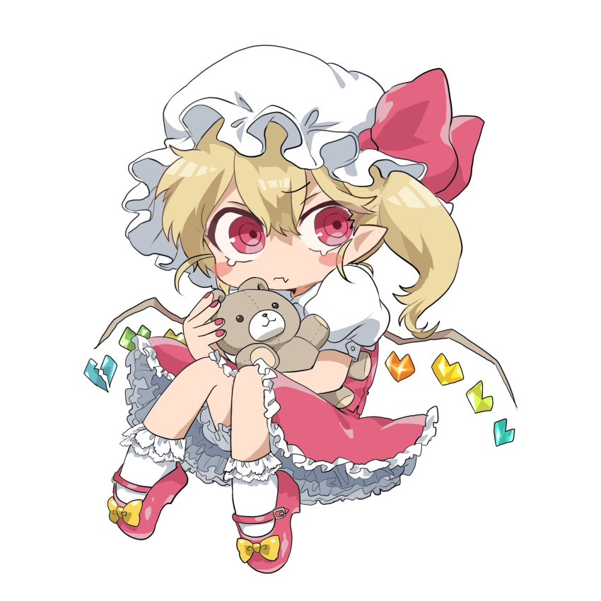 1girl artist_request blonde_hair bloomers blush_stickers bow fang fang_out flandre_scarlet frilled_skirt frills hat highres mob_cap puffy_short_sleeves puffy_sleeves red_bow red_eyes red_footwear red_skirt red_vest shirt shoes short_hair short_sleeves side_ponytail simple_background skirt solo touhou underwear vest white_background white_shirt wings yellow_bow