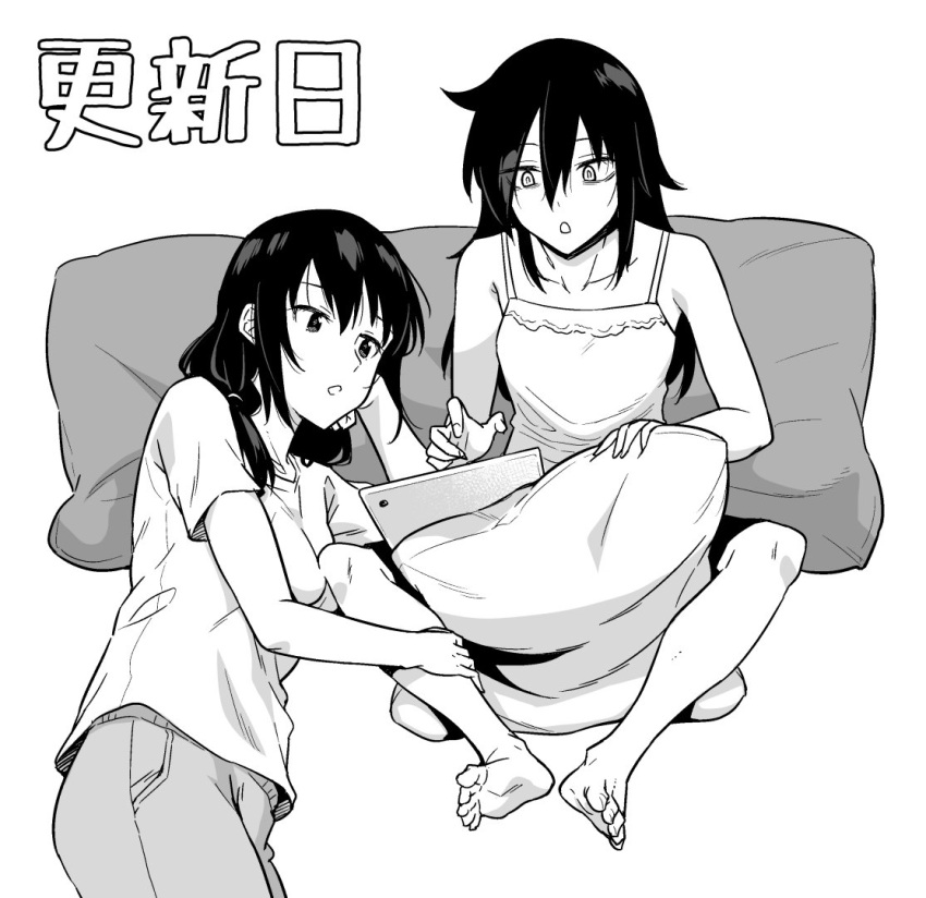 2girls barefoot casual collarbone commentary_request dress hand_on_another's_leg hand_on_own_cheek kuroki_tomoko long_hair lying monochrome multiple_girls on_side origuchi_mizu pillow release_date shirt sitting sundress t-shirt tablet_pc tamura_yuri watashi_ga_motenai_no_wa_dou_kangaetemo_omaera_ga_warui!