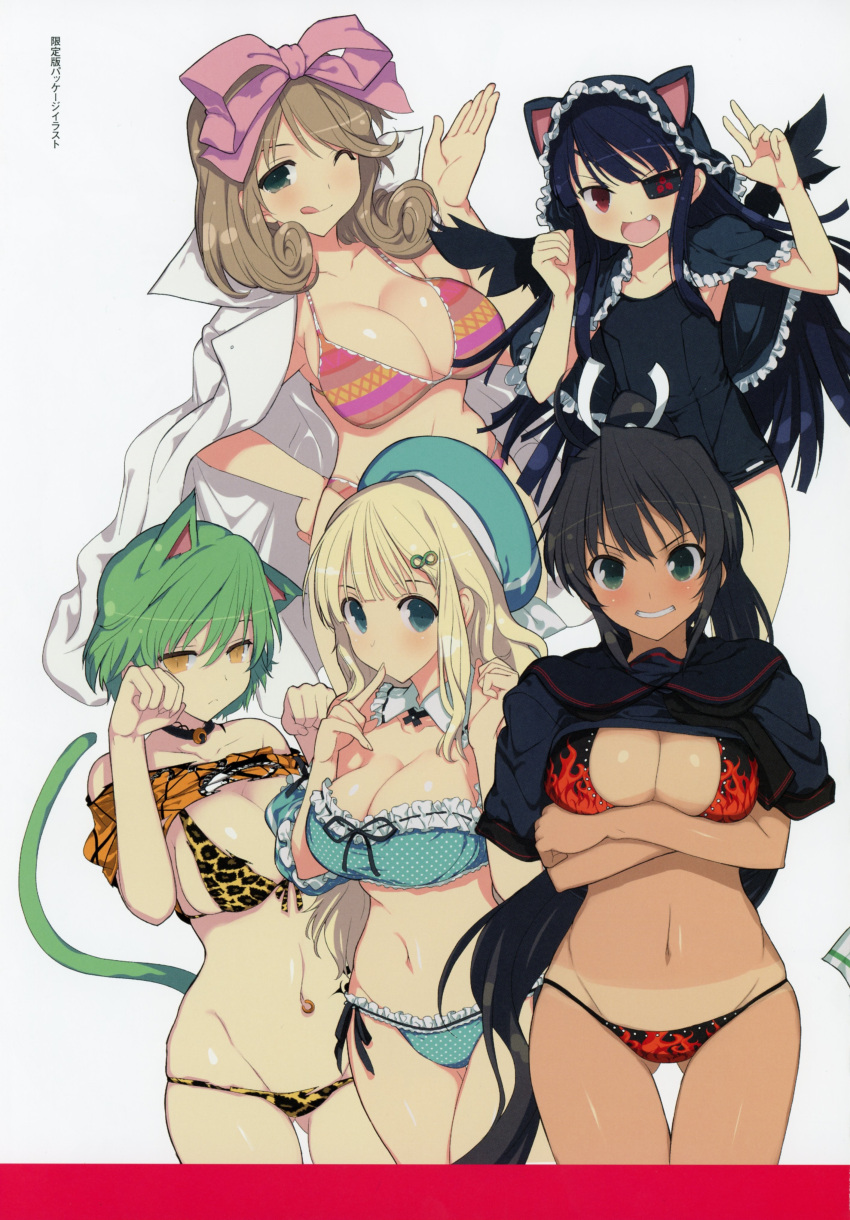 5girls absurdres animal_ears beret bikini bow breasts cat_ears cat_tail cleavage crossed_arms dark_skin fang hair_bow hat highres large_breasts long_hair looking_at_viewer multiple_girls navel official_art one_eye_closed open_mouth page_number parted_lips scan senran_kagura shiny shiny_skin short_hair simple_background smile swimsuit tail tan tanline tongue tongue_out v yaegashi_nan