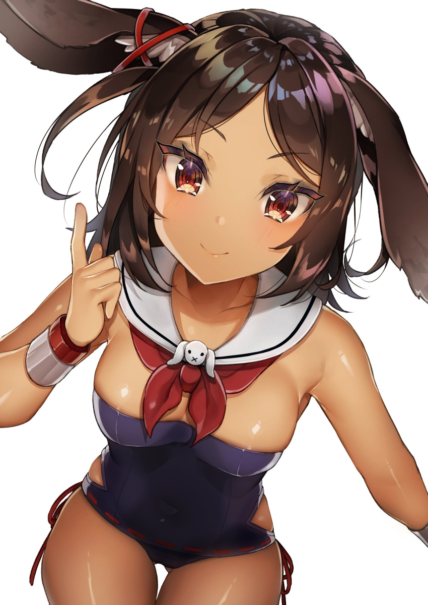 1girl absurdres animal_ears azur_lane blue_swimsuit brown_eyes brown_hair casual_one-piece_swimsuit cowboy_shot dark_skin highres i-26_(azur_lane) leaning_forward looking_at_viewer neckerchief one-piece_swimsuit rabbit_ears red_neckwear sailor_collar short_hair simple_background smile solo swimsuit white_background white_sailor_collar yayoichi_(yoruyoru108)