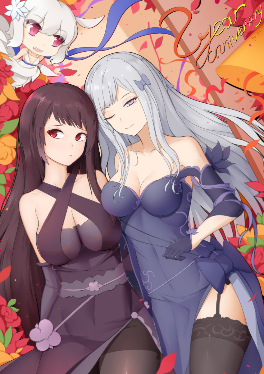 2girls absurdres ak-12_(girls_frontline) alternate_costume alternate_hairstyle bangs bare_shoulders black_legwear blue_dress blush bow braid breasts cleavage closed_mouth collarbone dress elbow_gloves eyebrows_visible_through_hair fairy_(girls_frontline) flower french_braid frown garter_straps girls_frontline gloves hair_bow half-closed_eye hd-hlh-3h head_tilt highres large_breasts long_hair looking_at_viewer looking_away medium_breasts multiple_girls no_bra one_eye_closed pantyhose petals purple_dress purple_hair red_eyes sidelocks silver_hair smile strapless strapless_dress thigh-highs very_long_hair violet_eyes wa2000_(girls_frontline)