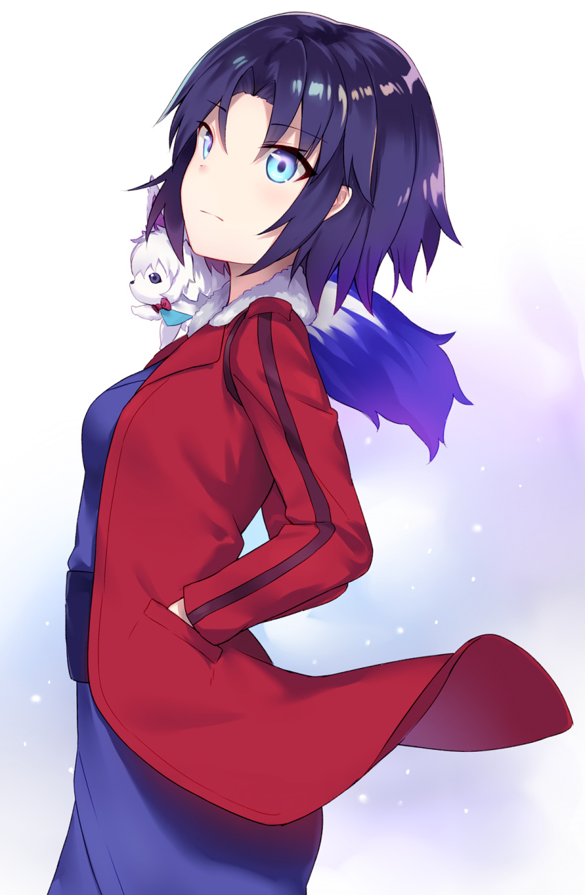 1girl black_hair blue_eyes blue_kimono closed_mouth creature eyebrows_visible_through_hair eyes_visible_through_hair fate/grand_order fate_(series) fou_(fate/grand_order) from_side frown hair_intakes hand_in_pocket highres jacket japanese_clothes kara_no_kyoukai kimono long_sleeves obi open_clothes open_jacket pocket red_jacket ryougi_shiki sash short_hair yukarite