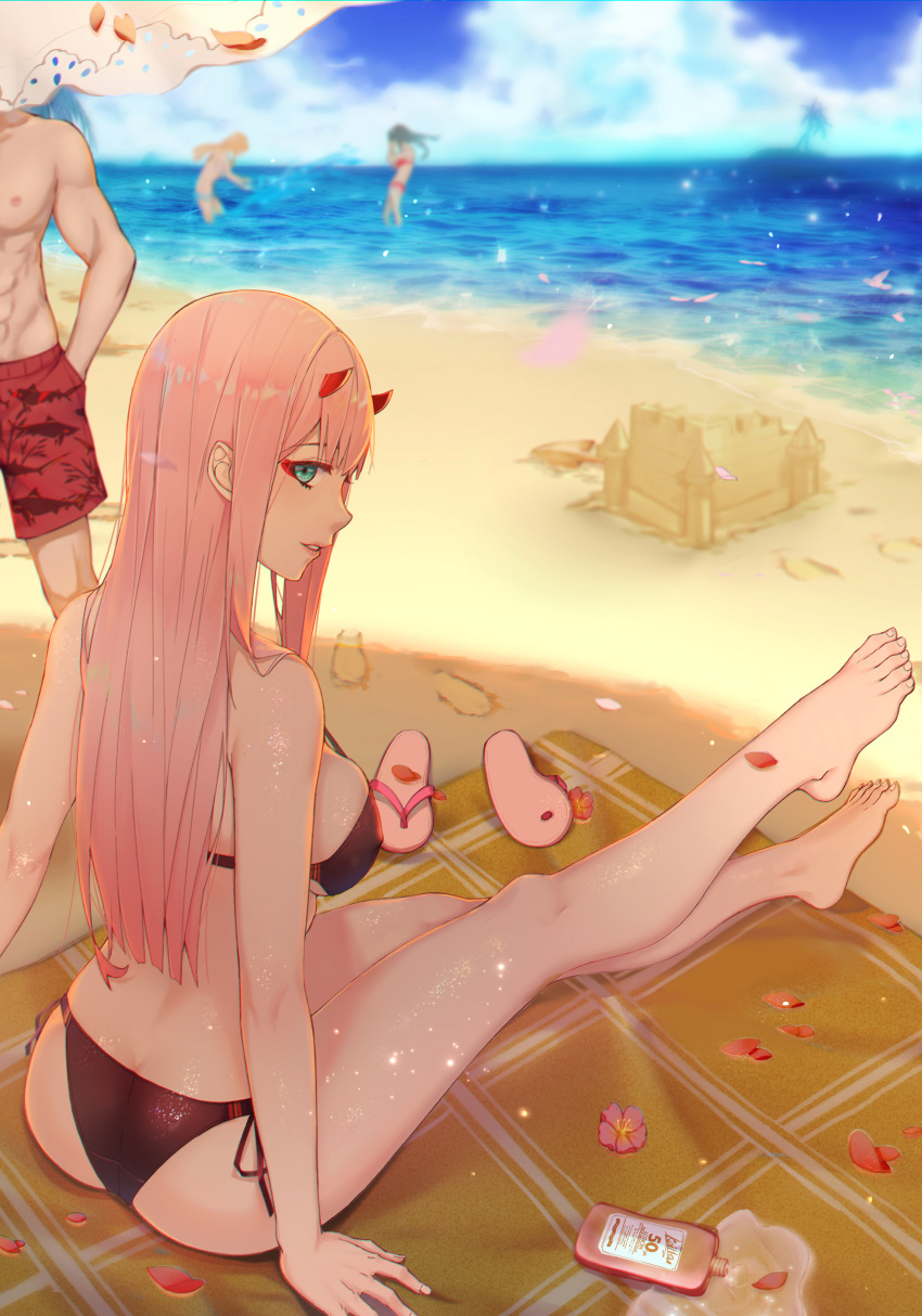 1boy 3girls absurdres aqua_eyes ass bare_legs bare_shoulders barefoot beach bikini black_bikini blue_sky breasts cleavage clouds commentary_request darling_in_the_franxx day female_swimwear flower full_body highres hiro_(darling_in_the_franxx) horns koi_han long_hair looking_at_viewer looking_back lotion lotion_bottle male_swimwear medium_breasts multiple_girls ocean outdoors parted_lips petals sand sand_castle sand_sculpture side-tie_bikini sideboob sitting sky slippers solo_focus swim_trunks swimsuit swimwear zero_two_(darling_in_the_franxx)