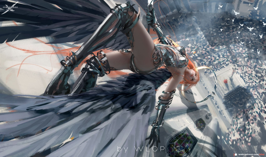 1girl armpits artist_name breasts closed_mouth commentary elbow_gloves ghostblade gloves highres holding jewelry long_hair looking_away lying metal_boots metal_gloves on_back patreon_username redhead ring solo wlop