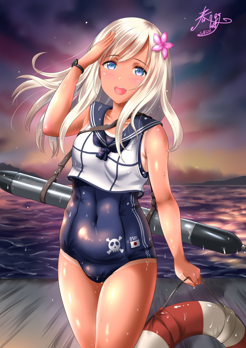 1girl bangs blonde_hair blue_eyes blush bracelet breasts collarbone covered_navel cowboy_shot crop_top dated evening eyebrows_visible_through_hair flower hair_between_eyes hair_flower hair_ornament highres holding japanese_flag jewelry kantai_collection kasugano_tobari lifebuoy long_hair looking_at_viewer one-piece_swimsuit one-piece_tan open_mouth ro-500_(kantai_collection) sailor_collar salute school_swimsuit school_uniform serafuku sidelocks signature small_breasts smile solo swimsuit swimsuit_under_clothes tan tanline tearing_up torpedo wet wristband