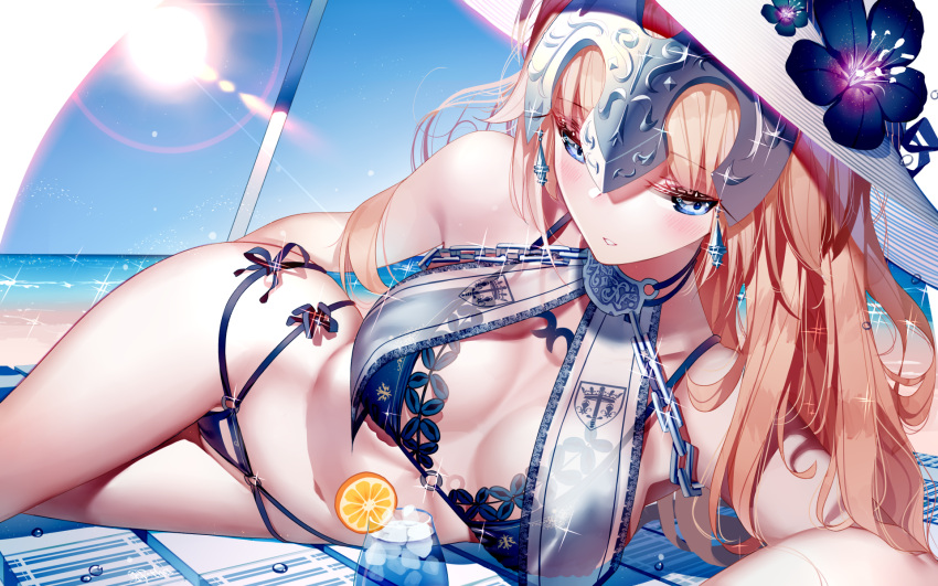 1girl beach bikini_bottom bikini_top blonde_hair blue_eyes blush breasts earrings fate/grand_order fate_(series) hat headwear highres jeanne_d'arc_(fate) jeanne_d'arc_(fate)_(all) jewelry long_hair lying medium_breasts midriff navel on_side parted_lips solo sun sun_hat swimsuit