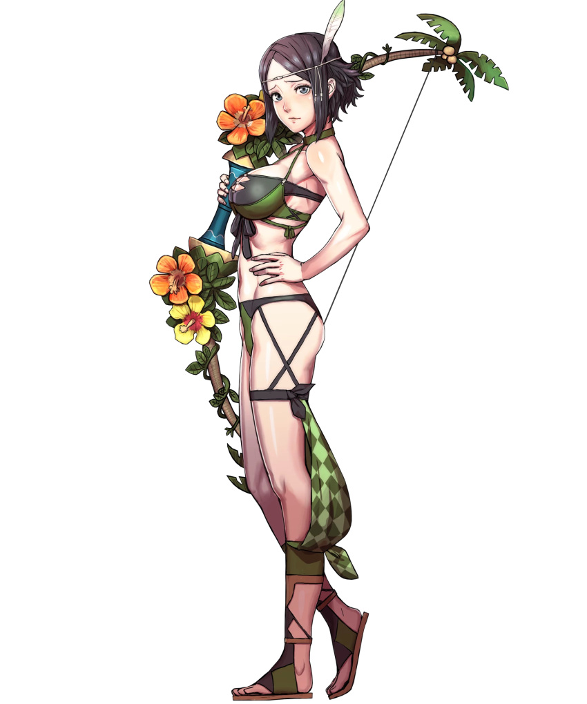1girl bikini black_hair bow_(weapon) breasts closed_mouth feathers fire_emblem fire_emblem:_kakusei fire_emblem_heroes flower full_body grey_eyes hair_ornament hand_on_hip highres holding holding_bow_(weapon) holding_weapon large_breasts looking_at_viewer noire_(fire_emblem) official_art shiny shiny_skin short_hair sidelocks solo standing swimsuit thighs toeless_legwear transparent_background weapon