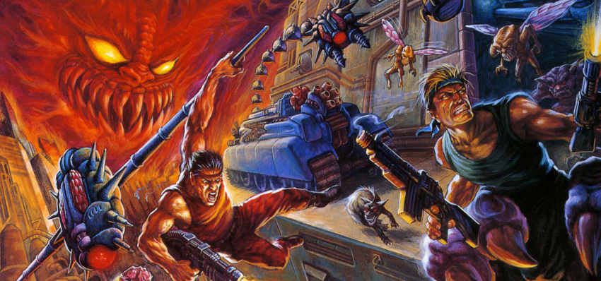 2boys 90s alien armor army assault_rifle attack bandanna bill_rizer black_hair blonde_hair body_armor box_art building cannon captured cityscape claws clenched_teeth contra contra_iii_the_alien_wars cropped damaged dirty dog drill drone dutch_angle epic fangs firing flamethrower flying game_console gameplay_mechanics glowing glowing_eye glowing_eyes ground_vehicle gun hanging helmet highres insect_wings jaws konami lance_bean machinery manly mecha military military_vehicle missile_pod motor_vehicle multiple_boys muscle mutant official_art oldschool perspective promotional_art realistic red_eyes red_falcon_(contra) rifle robot rocket_launcher running scan science_fiction shouting size_difference smoke soldier spikes super_nintendo tank teeth tom_dubois traditional_media turret weapon wings