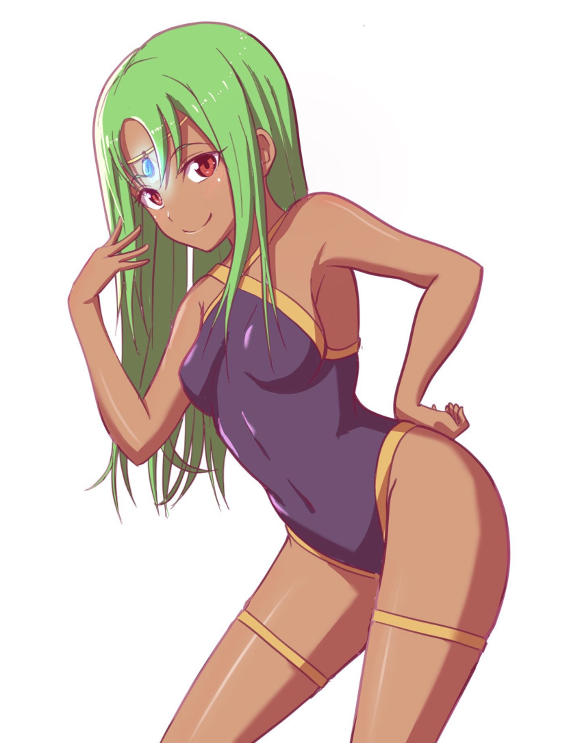1girl armpits casual_one-piece_swimsuit circlet dark_skin erect_nipples forehead_jewel green_hair hand_on_hip hand_to_own_mouth highres leaning_forward long_hair one-piece_swimsuit original red_eyes smile solo swimsuit thigh_strap