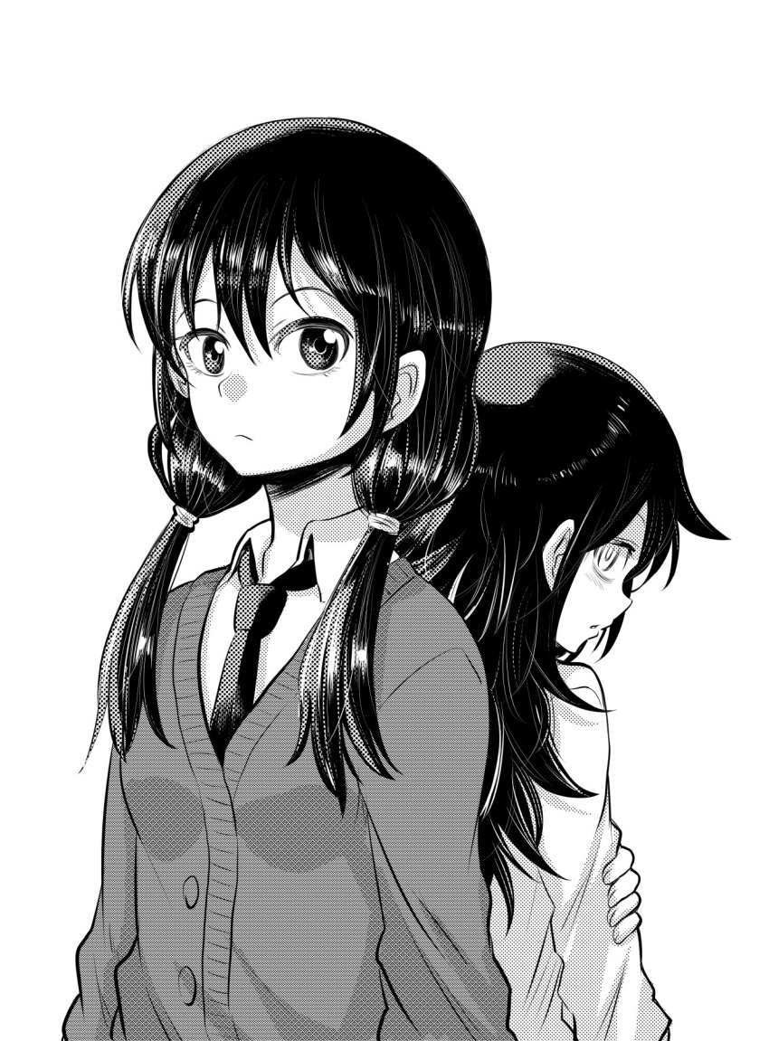 2girls back-to-back bags_under_eyes cardigan commentary from_side hair_tie hand_on_own_arm highres kuroki_tomoko long_hair looking_back low_twintails monochrome multiple_girls necktie profile school_uniform simple_background tamura_yuri twintails watashi_ga_motenai_no_wa_dou_kangaetemo_omaera_ga_warui! white_background zatou_(kirsakizato)