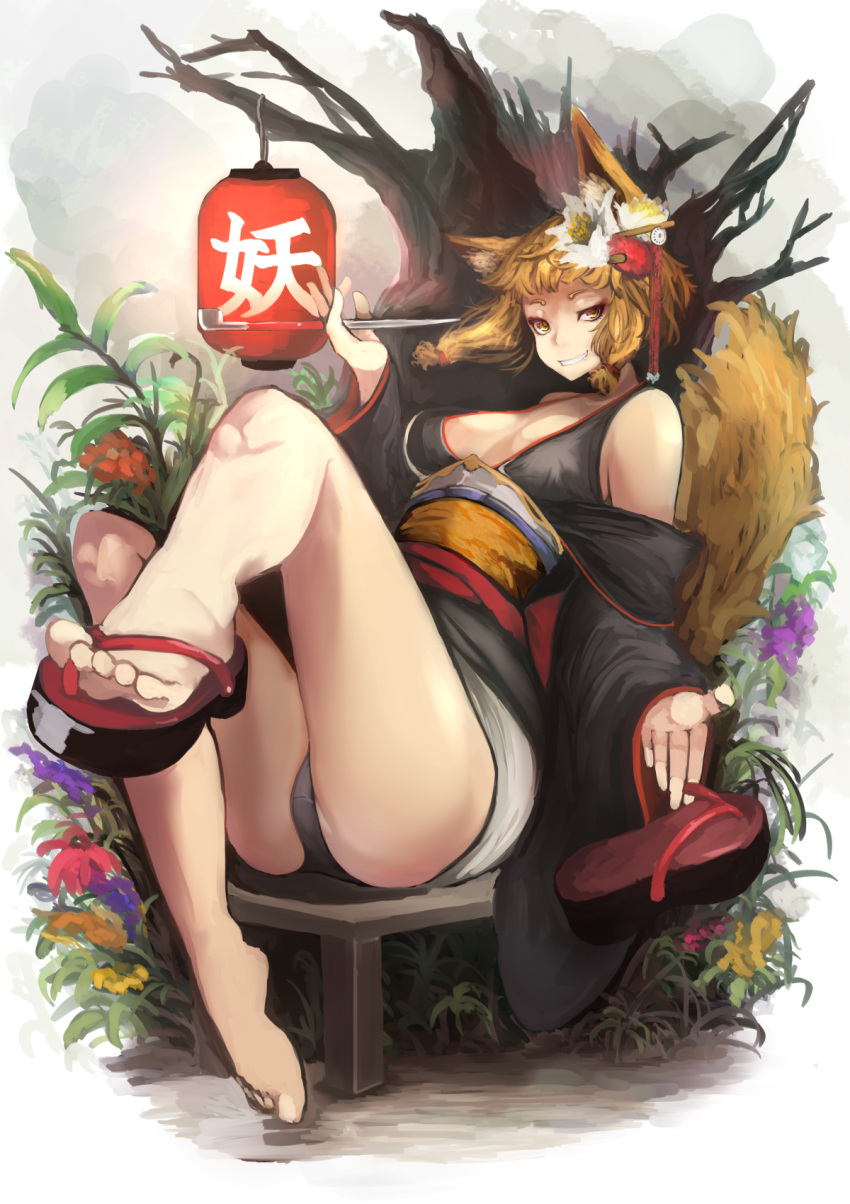 1girl animal_ears bare_shoulders barefoot between_fingers black_kimono blonde_hair eyeshadow flower fox_ears fox_tail geta grey_panties grin hair_flower hair_ornament hair_stick highres holding holding_shoes japanese_clothes kimono kiseru lantern leaning_back long_sleeves makeup obi original panties pantyshot pantyshot_(sitting) pipe plant sash shoes short_hair single_shoe sitting smile solo tail ton_(artist) underwear white_flower wide_sleeves yellow_eyes