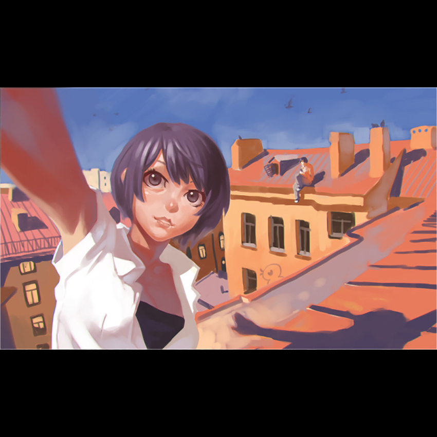 1boy 1girl black_eyes blue_sky breasts building cleavage closed_mouth commentary dress_shirt english_commentary ilya_kuvshinov lips original purple_hair reaching_out rooftop self_shot shadow shirt short_hair sitting sky