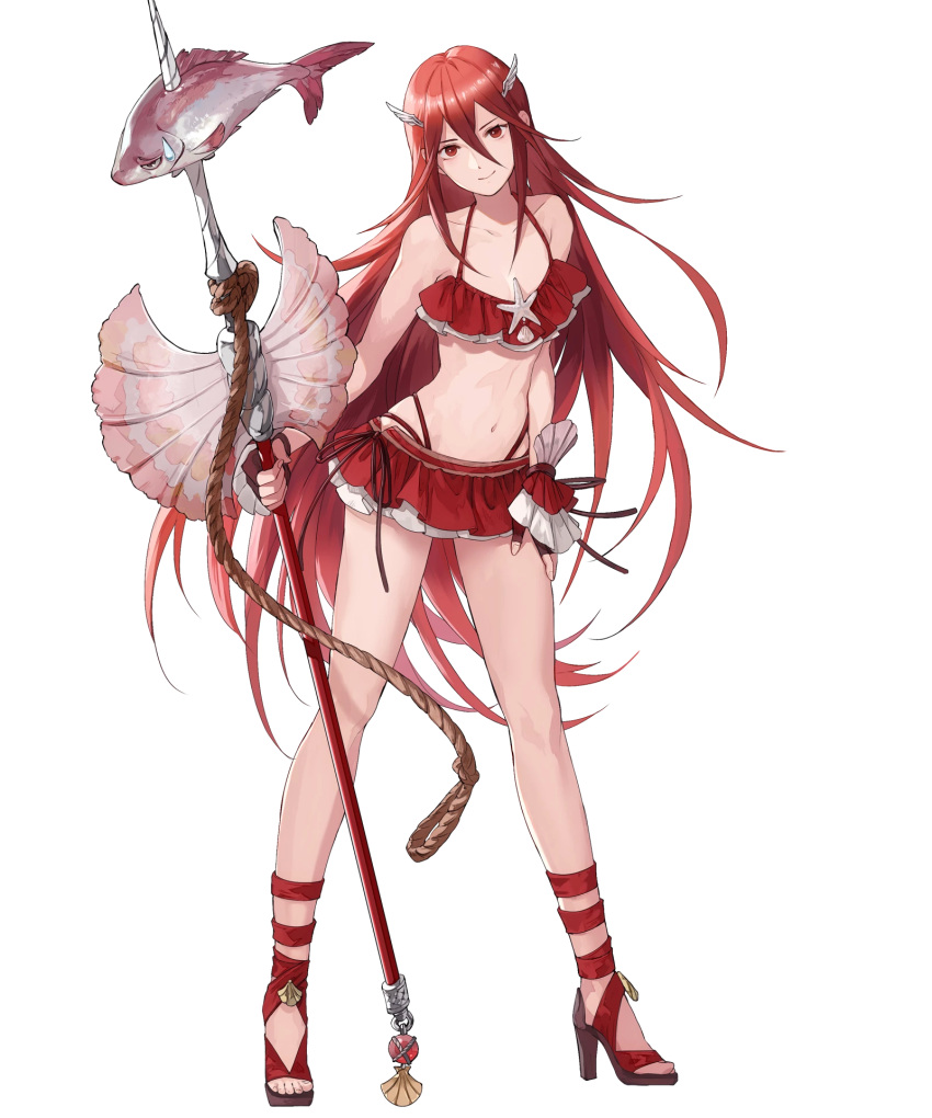 1girl bare_shoulders bikini bikini_skirt closed_mouth collarbone female fingerless_gloves fire_emblem fire_emblem_heroes fish full_body gloves hair_between_eyes hair_ornament hand_on_own_thigh high_heel_sandals high_heels highres holding holding_polearm holding_weapon legs long_hair long_legs looking_at_viewer mayo_(becky2006) midriff miniskirt navel no_socks official_art open_shoes polearm red_eyes red_hair redhead sandals shoes simple_background skirt slender_waist smile solo standing stomach toeless_footwear transparent_background weapon