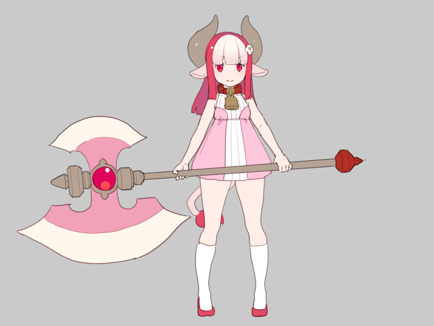1girl animal_ears bare_arms bell closed_mouth collar commentary_request cow_bell cow_ears cow_tail dress dual_wielding flower grey_background hair_flower hair_ornament holding holding_weapon horns huge_weapon nagisa_kurousagi no_nose original pink_dress red_eyes red_footwear redhead shoes short_dress simple_background sleeveless sleeveless_dress socks solo standing tail weapon white_flower white_hair white_legwear
