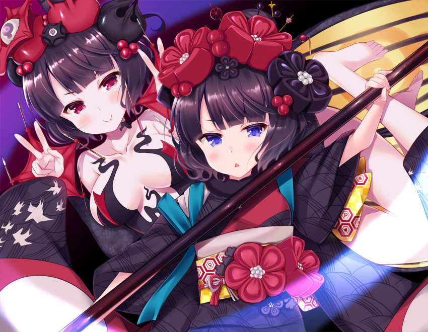 2girls :&lt; bangs bare_legs bare_shoulders barefoot black_hair black_kimono blue_eyes blush breasts calligraphy_brush checkered closed_mouth collarbone double_v dual_persona eyebrows_visible_through_hair fate/grand_order fate_(series) hair_ornament hands_up highres holding holding_paintbrush japanese_clothes katsushika_hokusai_(fate/grand_order) kimono ko_yu large_breasts long_sleeves looking_at_viewer multiple_girls obi oversized_object paintbrush parted_lips red_eyes revealing_clothes sash short_hair smile toenails triangle_mouth v v-shaped_eyebrows wide_sleeves
