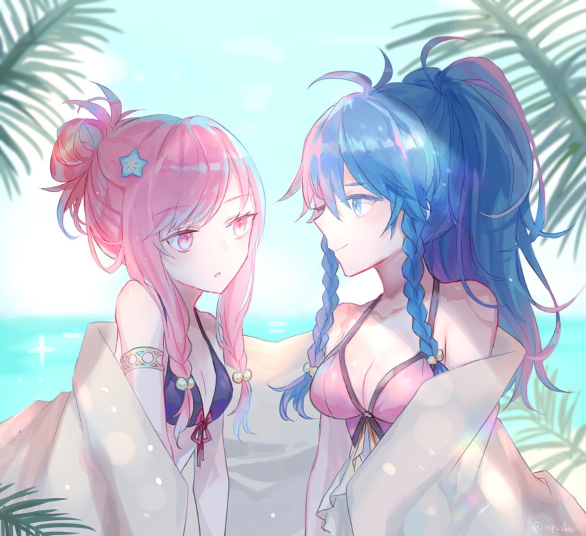 1girl bare_shoulders beach bikini blue_eyes blue_hair blush braid breasts fire_emblem fire_emblem:_seima_no_kouseki fire_emblem_heroes gloves highres long_hair marica_(fire_emblem) pegasus_knight pink_hair ponytail purple_hair repu_(rep_sha) sky smile swimsuit tana twin_braids violet_eyes water