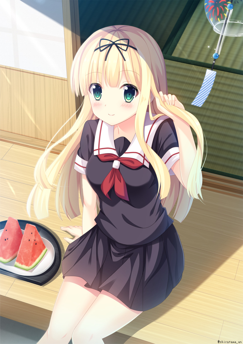 1girl black_ribbon black_serafuku black_skirt blonde_hair blouse breasts dish food fruit green_eyes hair_ribbon highres kantai_collection long_hair long_sleeves pleated_skirt red_neckwear ribbon sailor_collar school_uniform serafuku sitting skirt sliding_doors small_breasts smile solo straight_hair summer suzuki_anri tatami tray twitter_username watermelon wind_chime yuudachi_(kantai_collection)