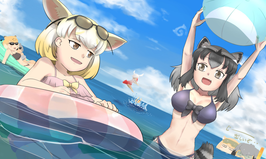 6+girls :3 afloat animal_ears armpits arms_up ball bangs bare_arms bare_legs bare_shoulders barefoot beachball bikini bird_tail black_bow black_hair blonde_hair blue_sky blush_stickers bow bow_bikini breasts brown_bikini brown_eyes clouds commentary common_raccoon_(kemono_friends) day diving_mask diving_mask_on_eyes dutch_angle extra_ears eyebrows_visible_through_hair eyewear_on_head fang fennec_(kemono_friends) floating fox_ears goggles goggles_on_head green_hair grey_bikini hand_rest head_wings holding holding_ball inflatable_raft innertube jaguar_(kemono_friends) jaguar_ears japanese_crested_ibis_(kemono_friends) japari_symbol john_(a2556349) kemono_friends light_brown_hair looking_at_another medium_breasts medium_hair multicolored_hair multiple_girls navel ocean one-piece_swimsuit open_mouth otter_ears outdoors outstretched_arms partially_submerged pink_bikini purple_bikini raccoon_ears raccoon_tail red_swimsuit redhead serval_(kemono_friends) serval_tail shoebill_(kemono_friends) short_hair side-tie_bikini side-tie_bottom sky small-clawed_otter_(kemono_friends) smile snorkel snorkel_in_mouth splashing staring stomach striped_tail sunglasses swimming swimsuit tail tibetan_sand_fox_(kemono_friends) tied_hair two_side_up water wet wet_hair white_hair yellow_bow