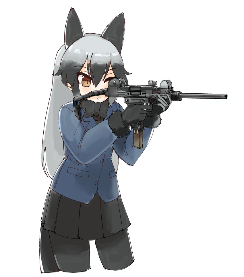 1girl absurdres animal_ears black_hair bow bowtie coat cowboy_shot eyebrows_visible_through_hair fox_ears fox_tail fur_trim gloves gun highres kemono_friends long_hair long_sleeves multicolored_hair necktie omnisucker one_eye_closed pantyhose pleated_skirt silver_fox_(kemono_friends) silver_hair skirt solo tail weapon