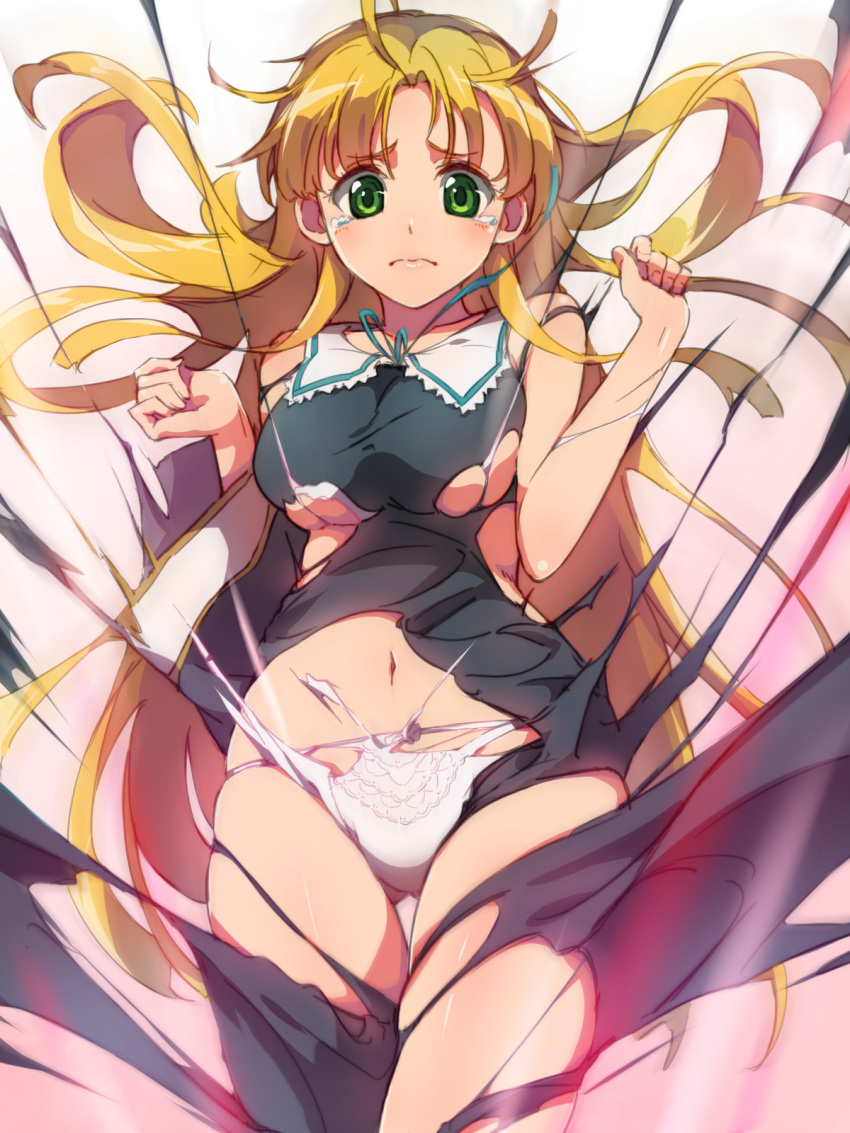 1girl ahoge aqua_ribbon asia_argento black_dress blonde_hair breasts chiharu_(9654784) cowboy_shot dress floating_hair green_eyes high_school_dxd highres long_hair medium_breasts midriff navel panties ribbon shiny shiny_skin solo standing stomach tears torn_clothes torn_dress torn_panties under_boob underwear very_long_hair white_panties