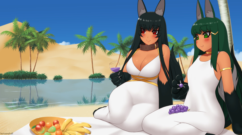 2girls :t animal_ears anubis_(monster_girl_encyclopedia) armband banana belt_collar black_hair blue_sky blush bowl breasts claws cleavage commentary commission desert dress drink eating egyptian_clothes eyebrows_visible_through_hair food fruit grapes green_eyes green_hair hair_ornament hairclip jewelry kuroonehalf lake large_breasts long_hair monster_girl monster_girl_encyclopedia multiple_girls oasis outdoors palm_tree paws red_eyes reflection sand signature sitting sky small_breasts smile tail towel tree white_dress wolf_ears wolf_tail