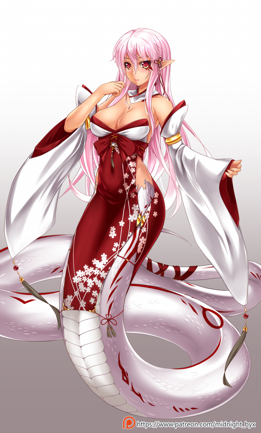 1girl bare_shoulders breasts cleavage covered_navel detached_collar detached_sleeves facial_mark floral_print gradient gradient_background grey_background hair_between_eyes hair_ornament highres hip_vent japanese_clothes lamia large_breasts light_smile long_hair looking_at_viewer midnight_(banyex) miko monster_girl monster_girl_encyclopedia nontraditional_miko patreon_username pink_eyes pointy_ears red_eyes red_ribbon ribbon scales shirohebi_(monster_girl_encyclopedia) simple_background solo tail tail_ribbon very_long_hair wide_sleeves
