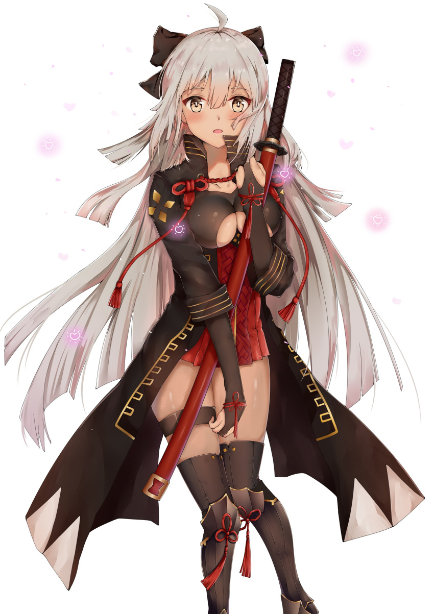 1girl :o absurdres ahoge black_bow black_legwear blush bow breasts commentary_request dark_skin fate/grand_order fate_(series) hair_between_eyes hair_bow hair_ornament heart high_collar highres large_breasts long_hair looking_at_viewer okita_souji_alter_(fate) open_mouth petals sheath sheathed simple_background solo tassel thigh-highs thigh_strap tied_hair under_boob very_long_hair weapon white_background white_hair yellow_eyes yuuki_mix