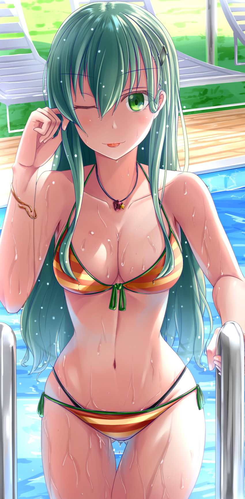 1girl :p absurdres aqua_hair ass_visible_through_thighs ayakase_hotaru bangs bikini blush bracelet breasts chair cleavage collarbone day eyebrows_visible_through_hair front-tie_top green_eyes hair_between_eyes hair_ornament hairclip hand_up highres jewelry kantai_collection long_hair looking_at_viewer lounge_chair medium_breasts navel necklace one_eye_closed outdoors pool side-tie_bikini sidelocks smile solo stomach striped striped_bikini suzuya_(kantai_collection) swimsuit thigh_gap thighs tongue tongue_out water_drop wet