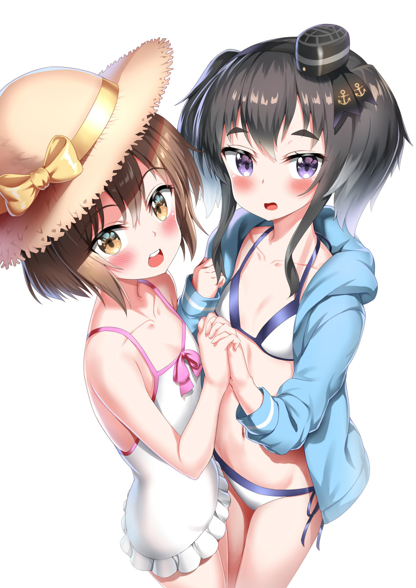 2girls absurdres bikini bikini_under_clothes black_hair blue_hoodie blush bow brown_hair collarbone hand_holding highres kantai_collection looking_at_viewer multiple_girls nedia_(nedia_region) open_mouth pink_bow short_hair sidelocks simple_background smile swimsuit swimsuit_under_clothes tokitsukaze_(kantai_collection) violet_eyes white_background white_bikini white_swimsuit yukikaze_(kantai_collection)