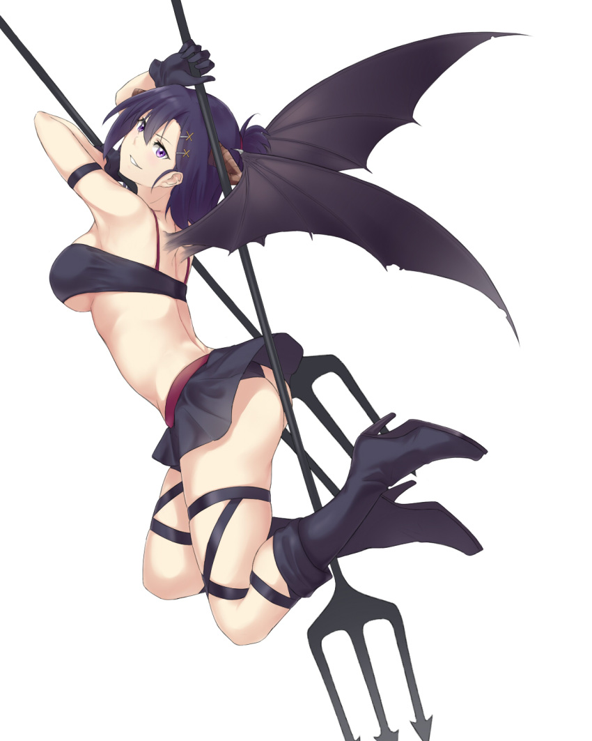 1girl ass bare_shoulders black_crop_top black_footwear black_gloves black_panties black_skirt black_wings boots breasts commentary crop_top demon_girl demon_wings dual_wielding flying from_side full_body gabriel_dropout gloves hair_ornament half_updo hallelujah_essaim high_heel_boots high_heels highres holding_polearm horns knee_boots large_breasts legs_up looking_at_viewer looking_back medium_hair panties pleated_skirt polearm purple_hair saruno_(eyesonly712) simple_background skirt smile smirk solo trident tsukinose_vignette_april under_boob underwear upskirt violet_eyes weapon white_background wings x_hair_ornament