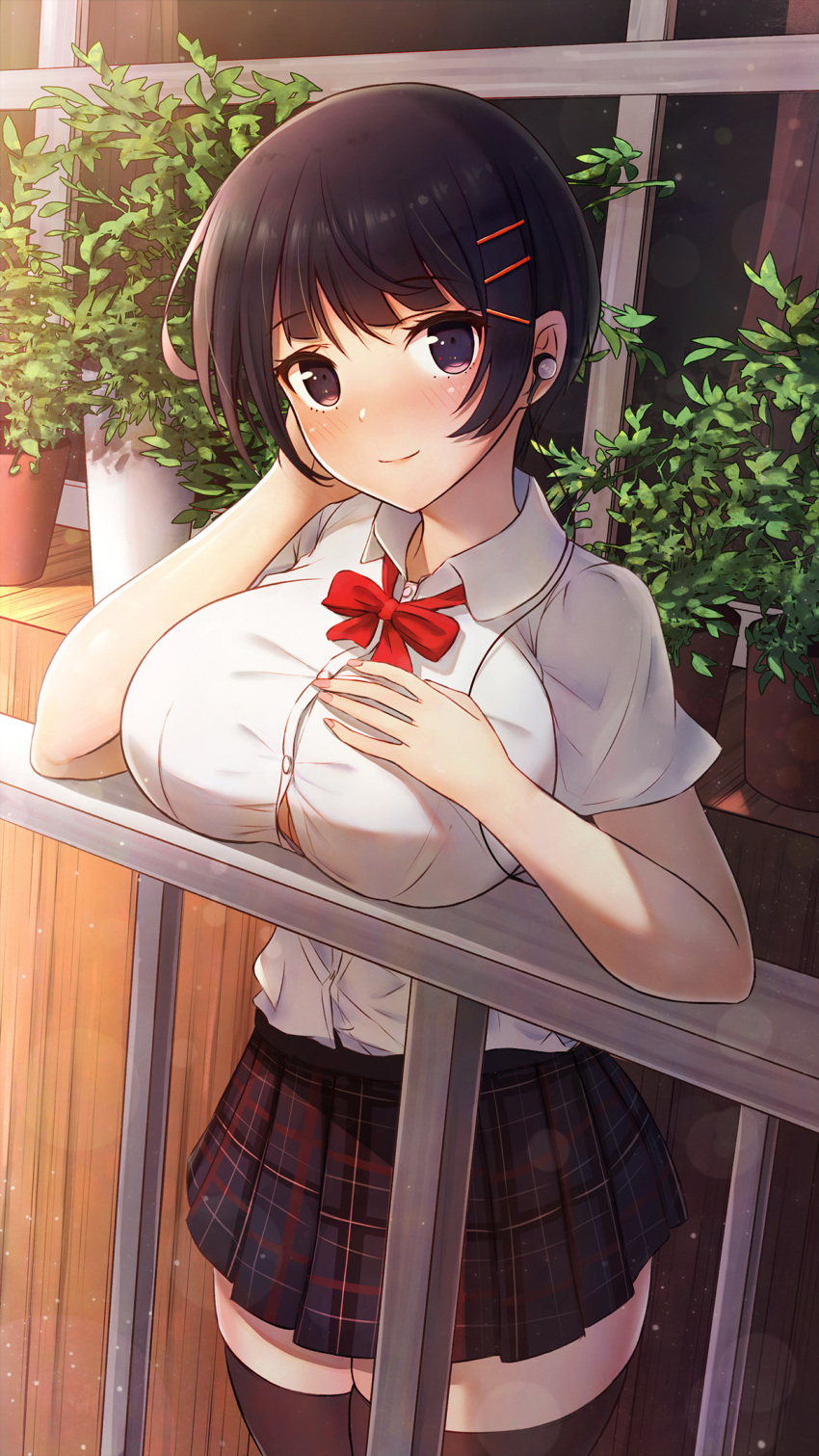 1girl bangs blush bow breast_rest breasts brown_hair commentary_request curvy eyebrows_visible_through_hair fou_zi hair_ornament hairpin highres huge_breasts large_breasts looking_at_viewer original plaid plaid_skirt plant pleated pleated_skirt purple_legwear red_bow red_neckwear shirt short_hair short_sleeves skirt solo thick_thighs uniform violet_eyes white_shirt