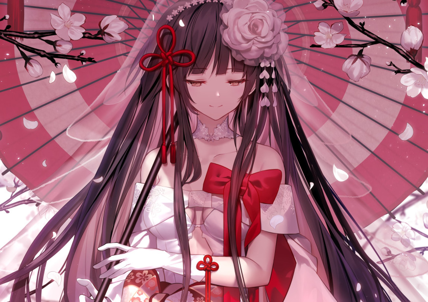 1girl bangs bow breasts brown_eyes brown_hair choker cleavage collarbone dress eyebrows_visible_through_hair floating_hair flower gloves hair_flower hair_ornament hair_ribbon highres holding holding_umbrella long_hair looking_down medium_breasts oriental_umbrella original petals red_bow red_ribbon ribbon shinooji sleeveless sleeveless_dress smile solo strapless strapless_dress umbrella upper_body very_long_hair wedding_dress white_dress white_flower white_gloves