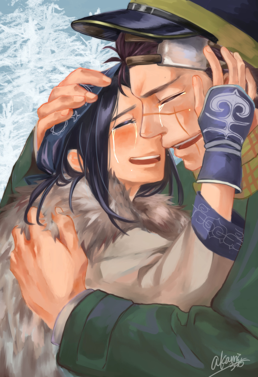 1boy 1girl absurdres ainu ainu_clothes akariri345 artist_name asirpa bandanna black_hair brown_hair cape closed_eyes crying face-to-face facial_scar fingerless_gloves fur_cape gloves golden_kamuy hand_on_another's_face hand_on_another's_head happy_tears hat highres hug long_hair military_hat open_mouth profile scar scarf short_hair signature smile sugimoto_saichi tears tree