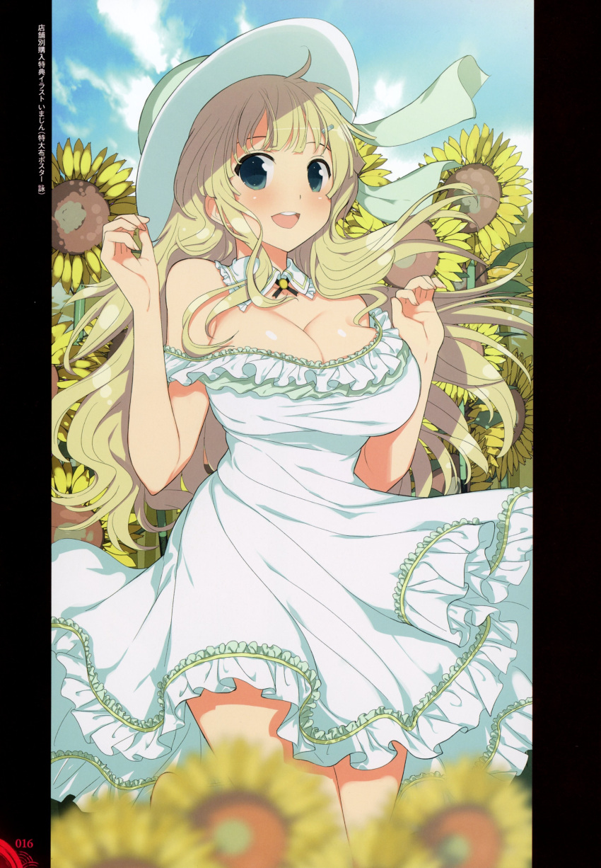 1girl absurdres bangs blonde_hair breasts day detached_collar dress fingernails flower frills hair_ornament hairclip hat highres large_breasts off_shoulder official_art open_mouth outdoors page_number scan senran_kagura shiny shiny_skin smile solo sun_hat sunflower yaegashi_nan