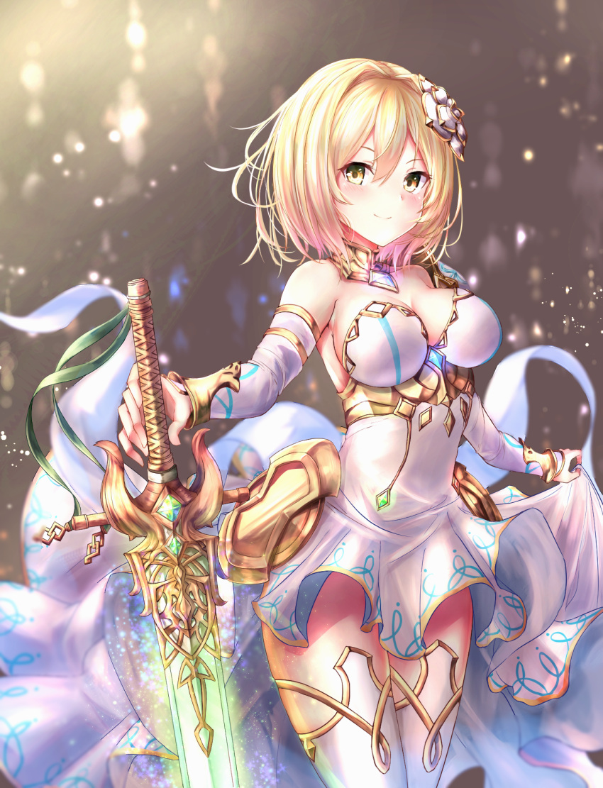 1girl agibe blonde_hair blush breasts choker cleavage cowboy_shot detached_sleeves djeeta_(granblue_fantasy) dress granblue_fantasy green_ribbon hair_between_eyes hair_ornament highres holding holding_sword holding_weapon long_hair medium_breasts ribbon short_dress short_hair skirt_hold sleeveless sleeveless_dress smile solo standing strapless strapless_dress striped striped_dress sword the_glory thigh-highs weapon white_dress white_legwear yellow_eyes