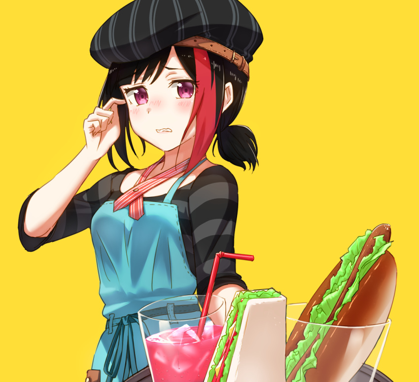 1girl alternate_hairstyle apron bang_dream! bangs beret black_hair black_hat black_shirt blue_apron blue_ribbon blush commentary_request cup drinking_glass drinking_straw food hat hat_belt hot_dog mitake_ran multicolored_hair ponytail red_neckwear redhead ribbon sandwich scratching_head shirt short_ponytail short_sleeves sidelocks simple_background single_strap solo streaked_hair striped striped_hat striped_neckwear striped_shirt tray tsukiman violet_eyes waitress wavy_mouth yellow_background