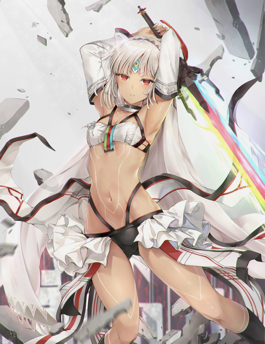 1girl altera_(fate) armpits arms_up bandeau bangs black_legwear black_nails black_panties blurry breasts cleavage collarbone dark_skin debris depth_of_field detached_sleeves eyebrows_visible_through_hair fate/extella fate/extra fate_(series) full_body_tattoo glint grey_background grey_hair half-closed_eyes halter_top halterneck highres holding holding_sword holding_weapon kneehighs leg_tattoo legs_apart looking_at_viewer nail_polish navel panties parted_lips photon_ray red_eyes rock shiny shiny_hair short_hair showgirl_skirt skirt small_breasts solo stomach stomach_tattoo sword taro_(ultrataro) tattoo underwear veil weapon white_bandeau white_skirt wind