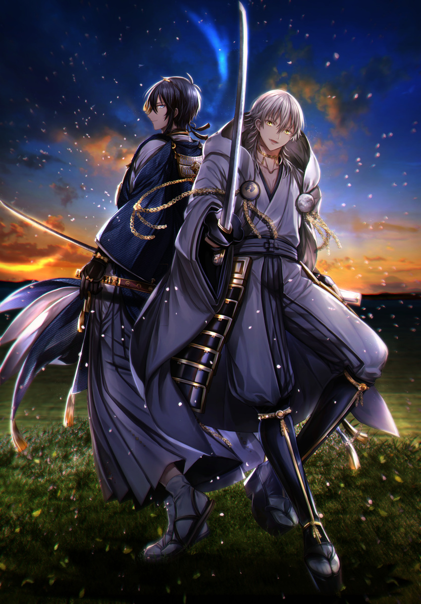 2boys abandon_ranka absurdres armor back-to-back blue_eyes blue_hair clouds field grass hakama highres hood japanese_armor japanese_clothes katana male_focus mikazuki_munechika multiple_boys open_mouth petals pom_pom_(clothes) sandals sayagata smile sunrise sword tabi touken_ranbu tsurumaru_kuninaga weapon white_hair yellow_eyes